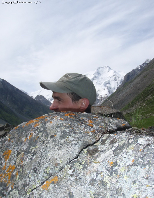 Me, Peak Karakol, stone and lichens.