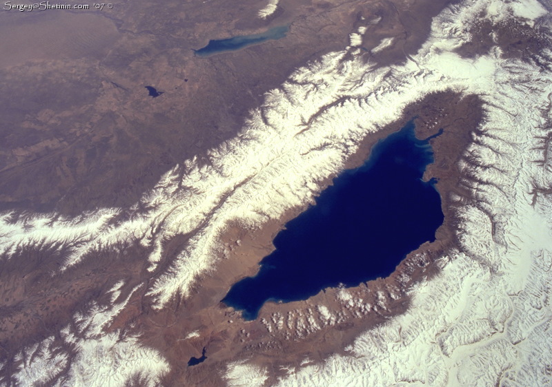 Photo of Issyk-Kul Lake. Kyrgyzstan. Space shot.