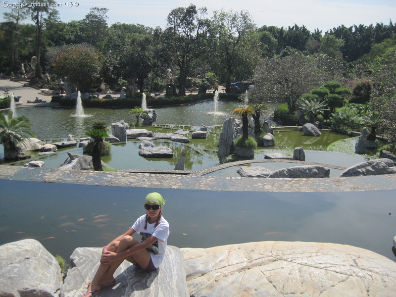 View down to fountain and pool from rocks