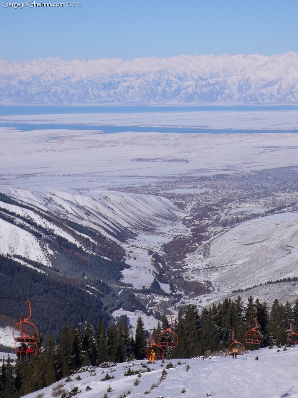 Chair lift at the backgroud of Karakol valley