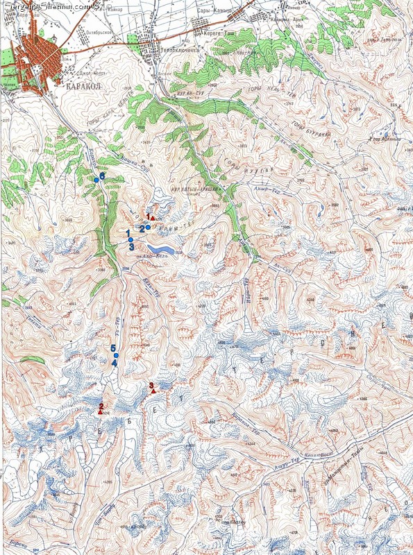 Карта Каракольского ущелья (Киргизия) и нашего маршрута