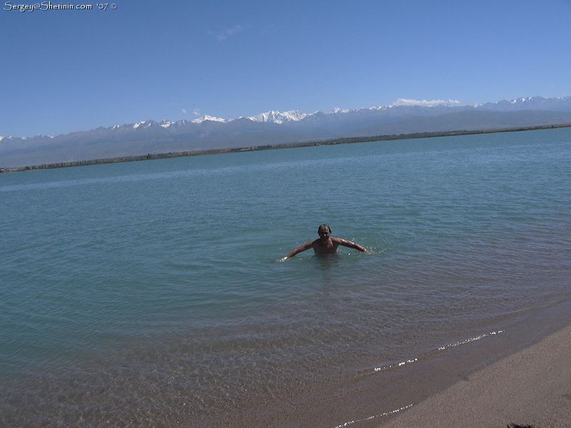 I'm swimming in Issyk-Kul Lake.
