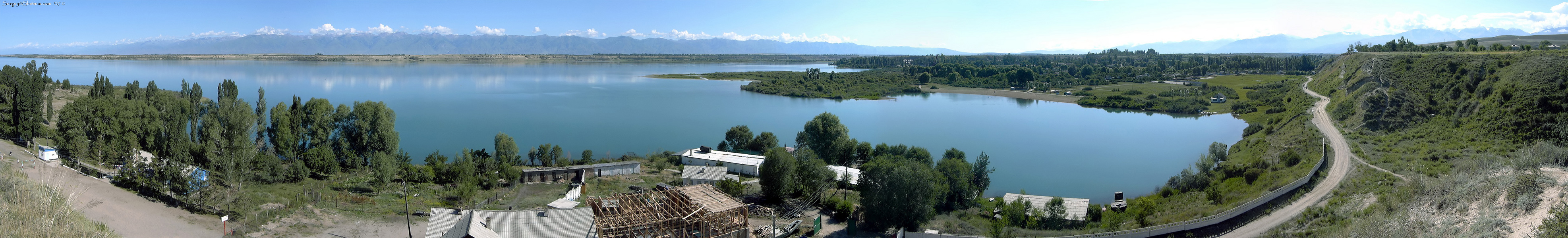 Panoramic view of Djergalan bay of Issyk-Kul Lake. Picture size 2947x600. Amazing merging of 6 shots into one panoramic photo.