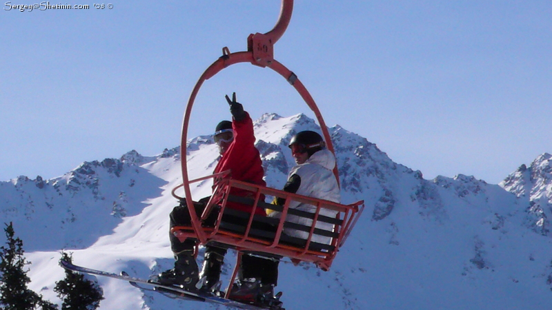 Dima and Anton at the background of Karakol valley mountains