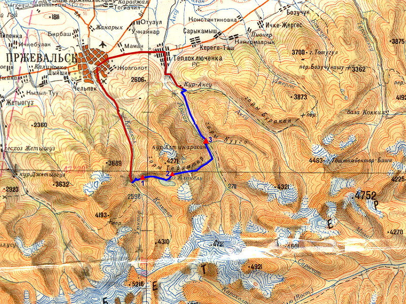 Карта маршрута Каракол - озеро Ала-Куль - Алтын-Арашан - Ак-Суу