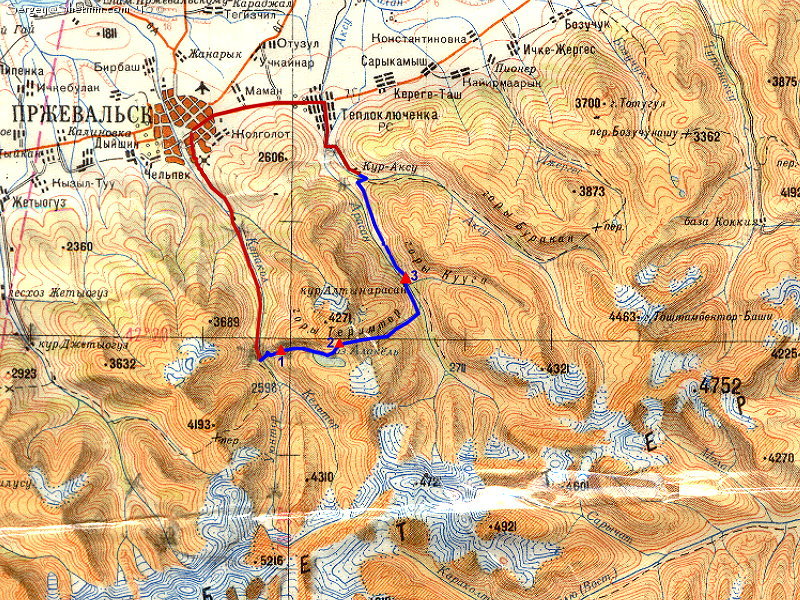 The itinerary map of Karakol - Ala-Kul Lake - Altyn-Arashan - Ak-Suu trekking