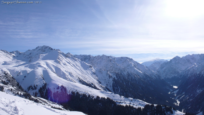 Peak Prjevalsky, Peak Karakol and gorge. Winter view from ski-base