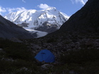 Peak Karakol 5216m is the highest point of Terskey Ala-Too range (Tien-Shan mountains). Our campsite was 1 km away from Karakol glacier. My tent was set at small sandy area found among the stones of morain.