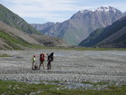 Morning of 13th of July 2007. Upper part of Karakol Valley. Valerie, me and Greg are ready to start our way down by Karakol Valley. The good view of peak '30 years of VLKSM' and Uyuntor river valley is behind us.