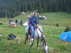 Lyuba and Alina had a nice horseback riding this evening at Altyn Arashan resort. We set our tents near houses and Askhat found some guys with jorses. They gave us one horse for riding.