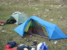 Lyuba was so tired so immeiately went to sleeping bag when I set up our tent. We found a good place for camping after 20 minutes after snow field under the pass Ala-Kul