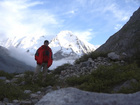 The weather became to be better to the evening, but clouds still flies in both sides of the valley. At photo: Me and Karakol Peak. 12th July 2007.