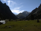 We reached the place where the car brought us to 3 days ago. It's a Karakol valley. At this place you have some kind of crossroads: you can go to Ayu-Tor to the right, to Sirota refuge to the left or to five thousand peaks if to go straight forward and choose one of two ways to go left to watershed ridge to Djigit Peak or right - to Karakol Peak. Our way was to the right canyon.