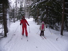 Жанна и Люба помогают друг другу понять технику передвижения на лыжах в лесу.