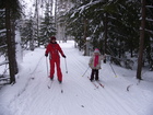 At first times Zhanna and Lyuba were moving together to help each other to understand the technics of skiing.