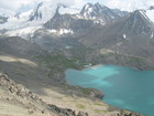 One more view to Ala-Kul Lake glacier, river, peak and moraine from altutude 3740m just before the pass Ala-Kul.