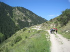 The usual road from Altyn-Arashan. f follow this way you can reach forestry of Ak-Suu down there. But we will go other way via Ortok pass and come to Ak-Suu resort. At photo we go near the place where long time ago the car crashed down to river. At the right hand e saw the old memorial.