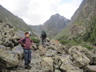 The way to "Sirota" refuge goes via stones. At photo: Lyuba is feeling well after 1.5 hours of hiking up.